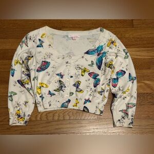 Vintage Betsey Johnson Multi Colored Butterflies on Cream Cropped Cardigan